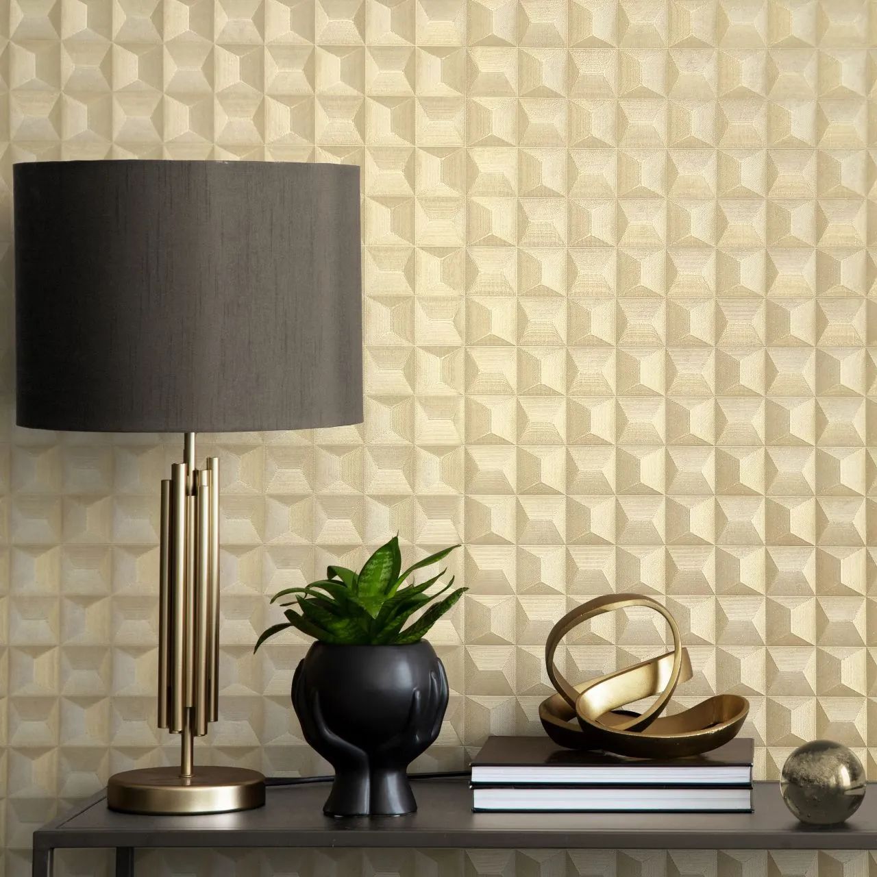 Romero 3D Geo Champagne Gold Vinyl Wallpaper M95685