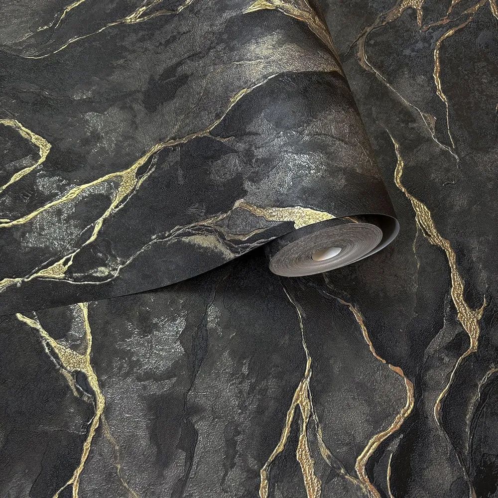 Pandora Marble Black & Gold Italian Vinyl Wallpaper 400136
