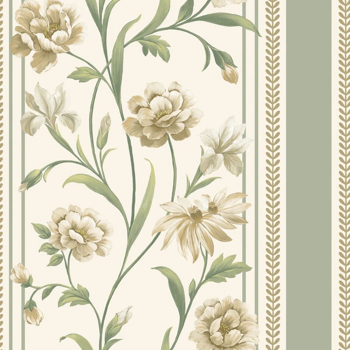 Raya Hand-painted Bridgerton Floral Stripe Sage Green & Cream Wallpaper 756 Raya Hand-painted Bridgerton Floral Stripe Sage Green & Cream Wallpaper 756