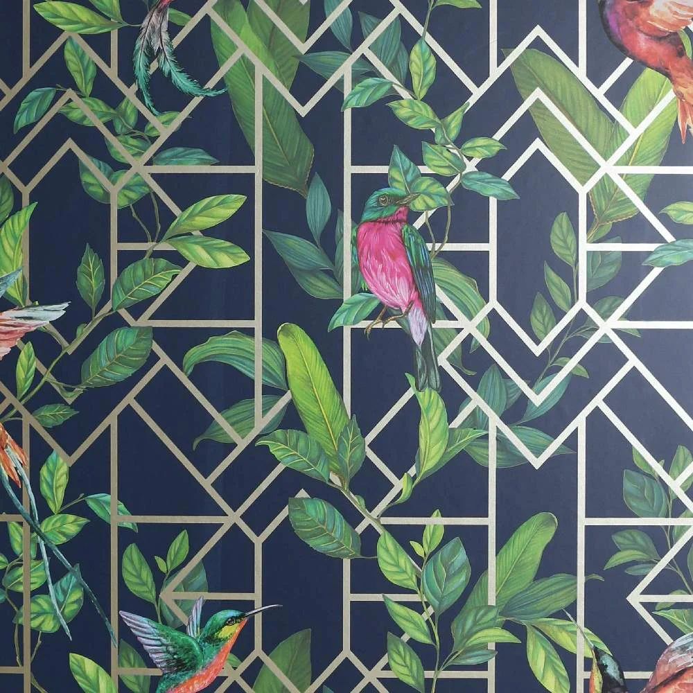 Deco Tropical Navy & Gold Wallpaper 908003