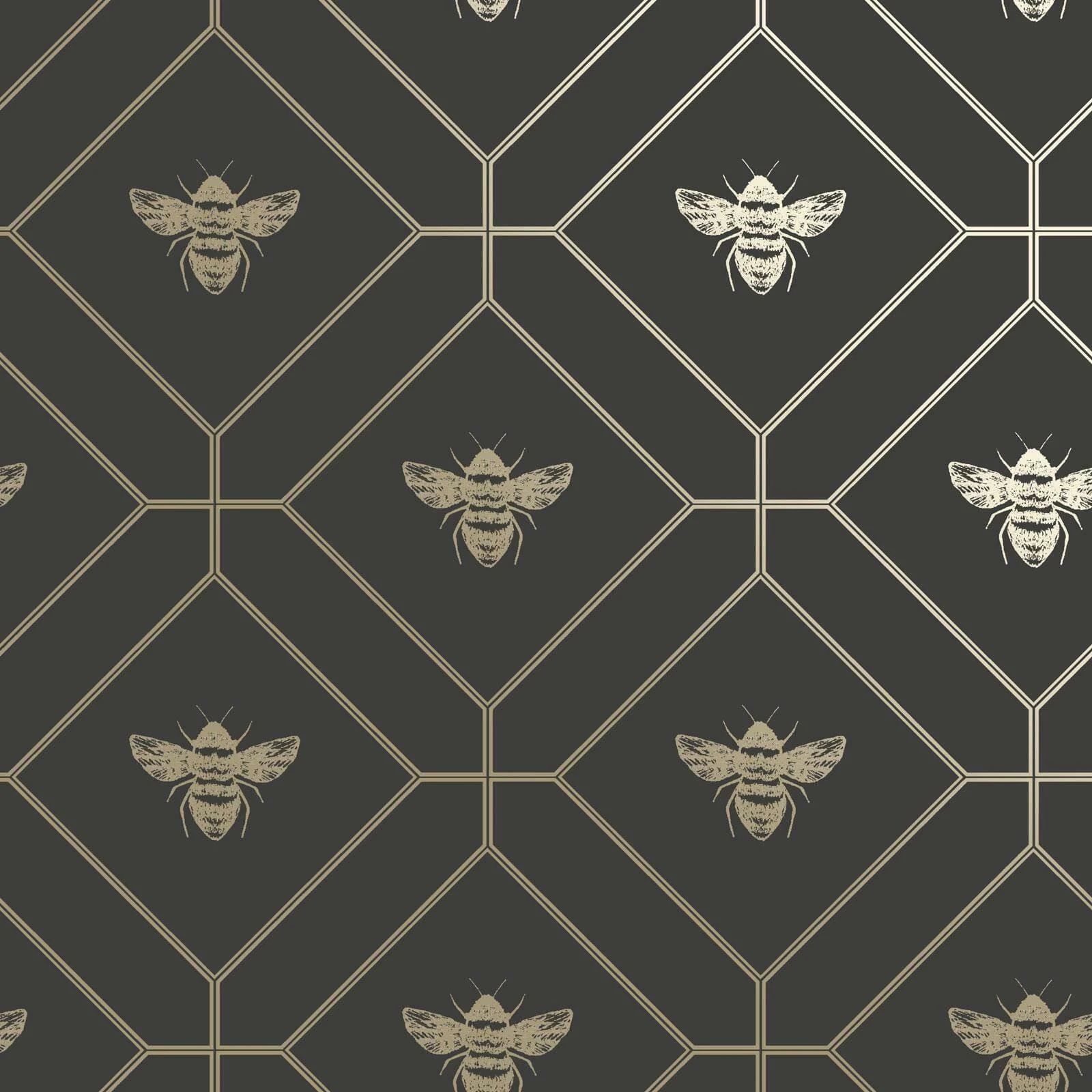 Honeycomb Bee Charcoal & Gold Geometric Metallic Wallpaper 13081