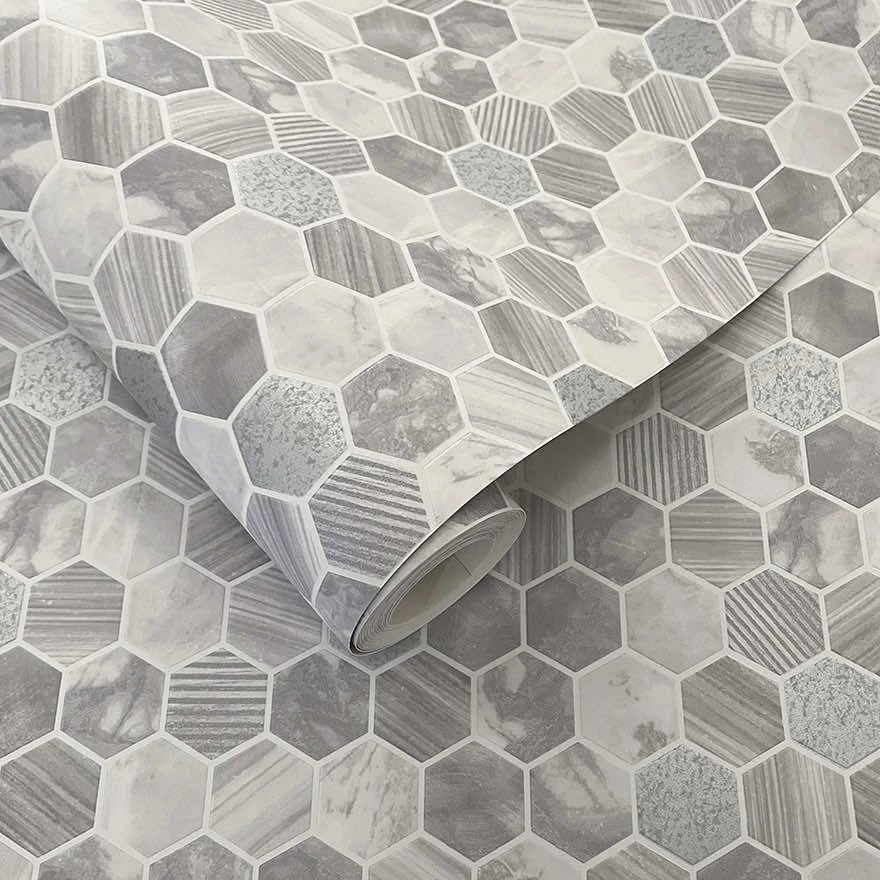Hexara Tile Grey Kitchen & Bathroom Vinyl Wallpaper 89401 Hexara Tile Grey Kitchen & Bathroom Vinyl Wallpaper 89401
