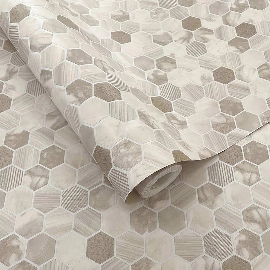Hexara Tile Cream Kitchen & Bathroom Vinyl Wallpaper 89400
