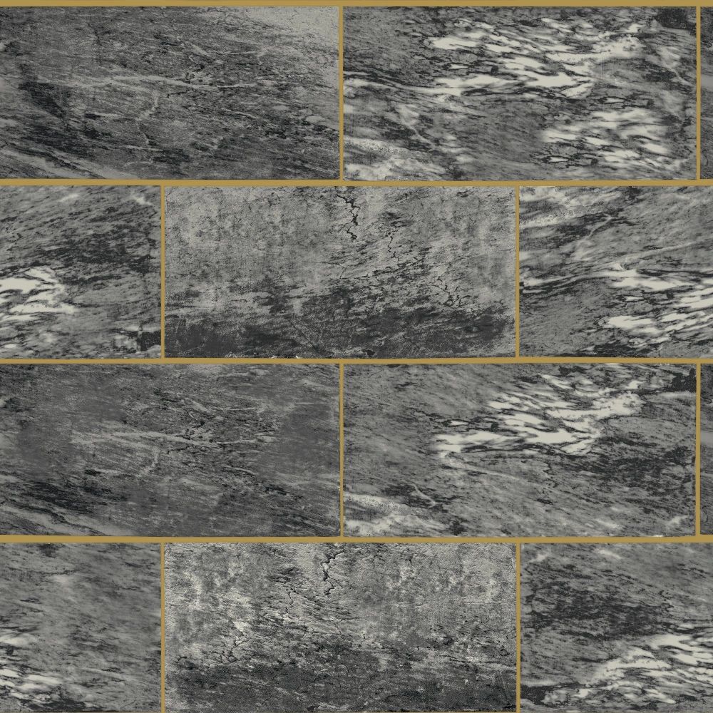 Marble Brick Charcoal Grey & Gold Wallpaper A57402