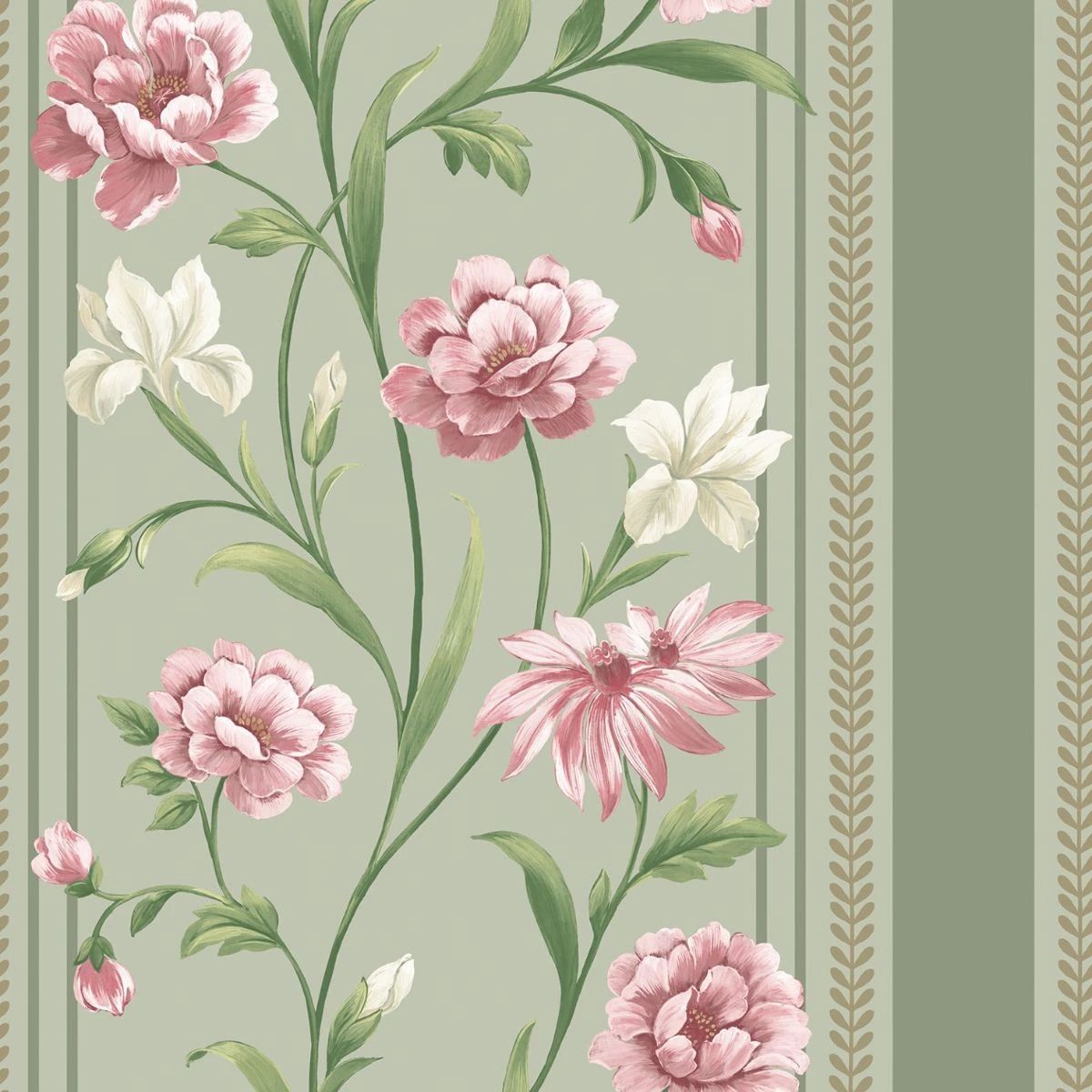 Raya Hand-painted Bridgerton Floral Stripe Sage Green & Pink Wallpaper 757