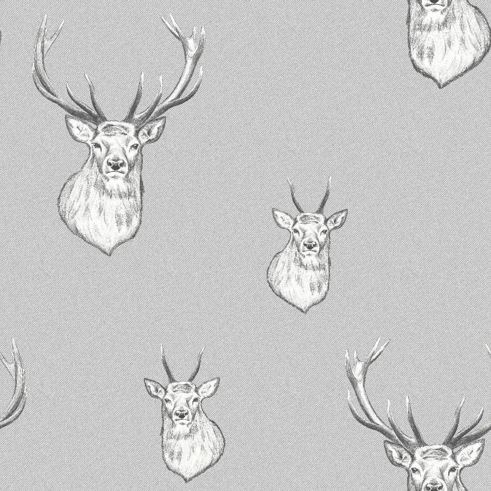 Stag Head Deer Light Grey Animal Woodland Wallpaper by Catherine Lansfield 165511