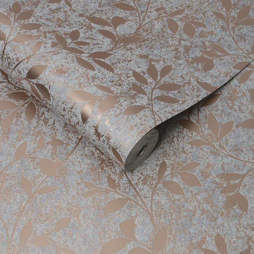 Milan Trail Grey & Metallic Rose Gold Superfresco Leaves Wallpaper 106402