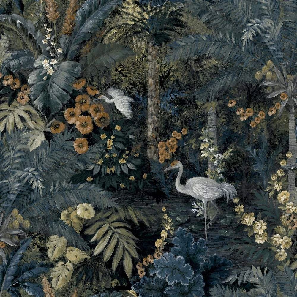 Jungle Paradise Cranes & Large Palm Trees Navy Blue Wallpaper 13180