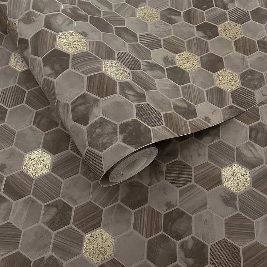 Hexara Tile Bronze Kitchen & Bathroom Vinyl Wallpaper 89402