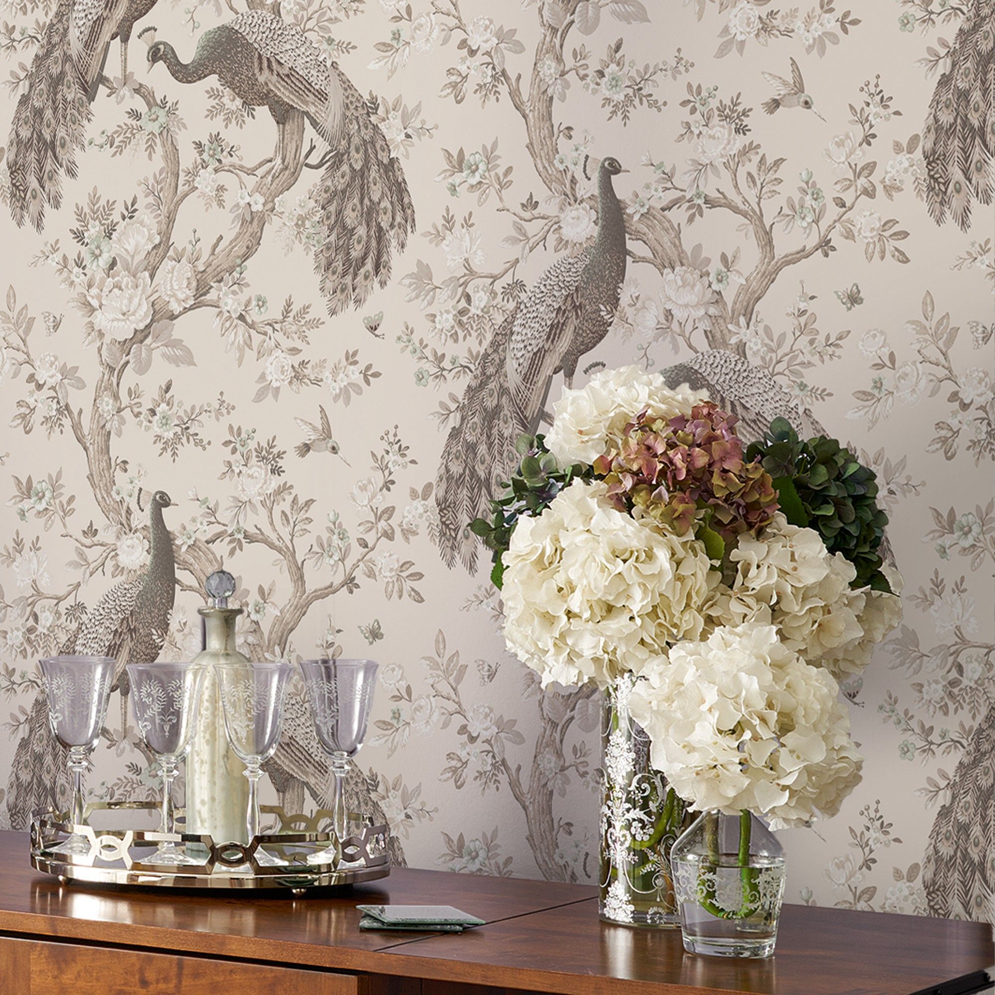 Belvedere Peacocks Soft Truffle Laura Ashley Wallpaper 113399 113399