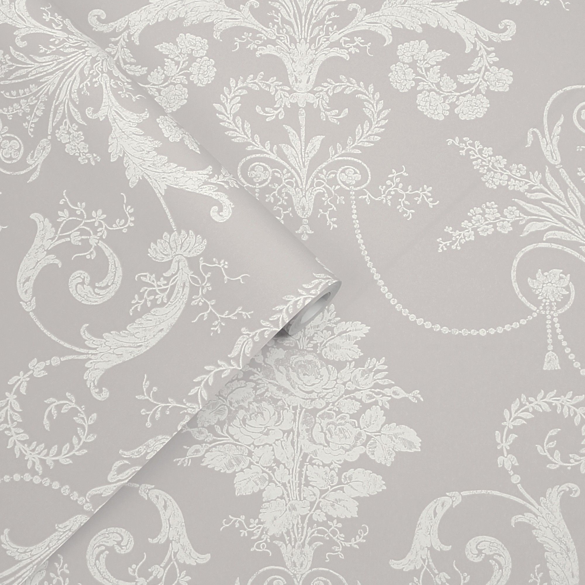Josette French Toil Damask White & Dove Grey Laura Ashley Wallpaper