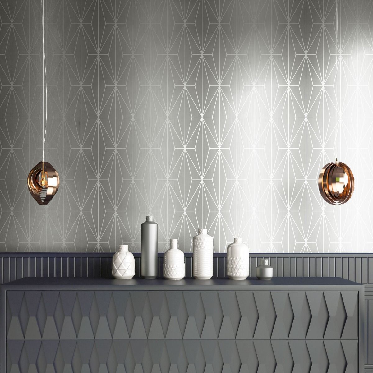 Kayla Metallic Foil Geometric Silver Wallpaper 703010 703010