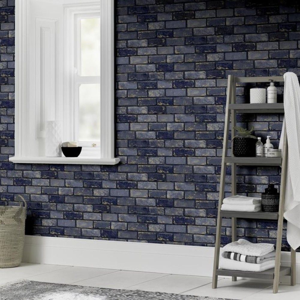 Metallic Brick Navy Gold Arthouse Navy Brick Wallpaper 692200