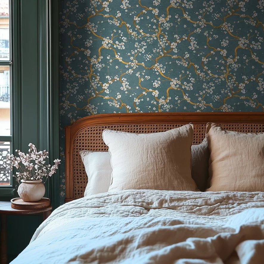 Oriental Cherry Blossom Wallpaper in Teal 