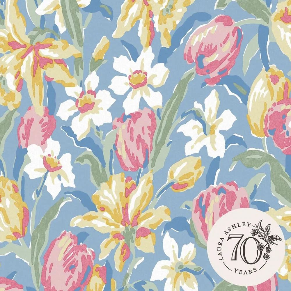 Gouache Painted Floral Tulips China Blue 1990s Archive Laura Ashley Wallpaper 119847
