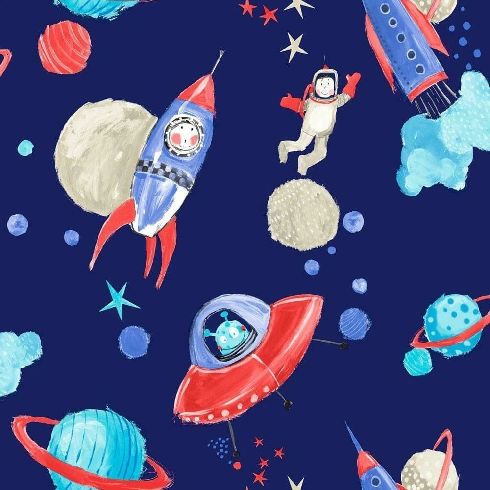 Starship Space Man Rocket Children's Wallpaper Silver Glitter Blue 668000