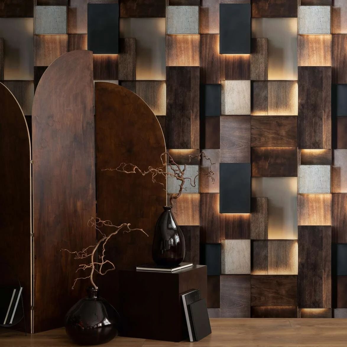 3D Wood Panel Geometric Brown & Black Mural Wallpaper by AS Creation 792246