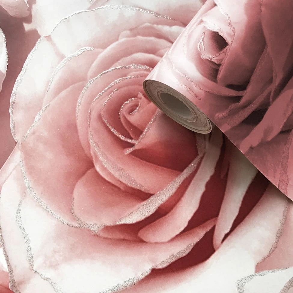 Madison Rose Floral Pink Glitter Wallpaper 139521