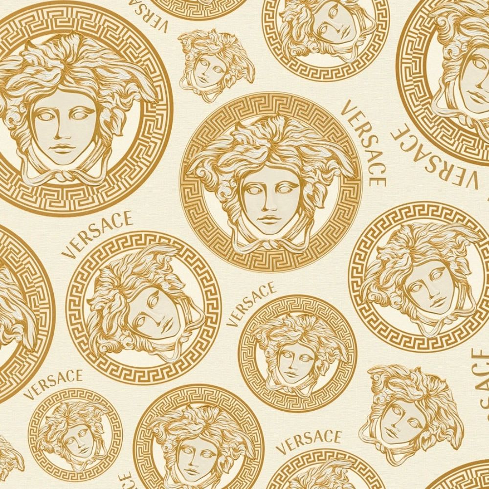 Medusa Heads Cream & Gold Luxury Vinyl Wallpaper 386115