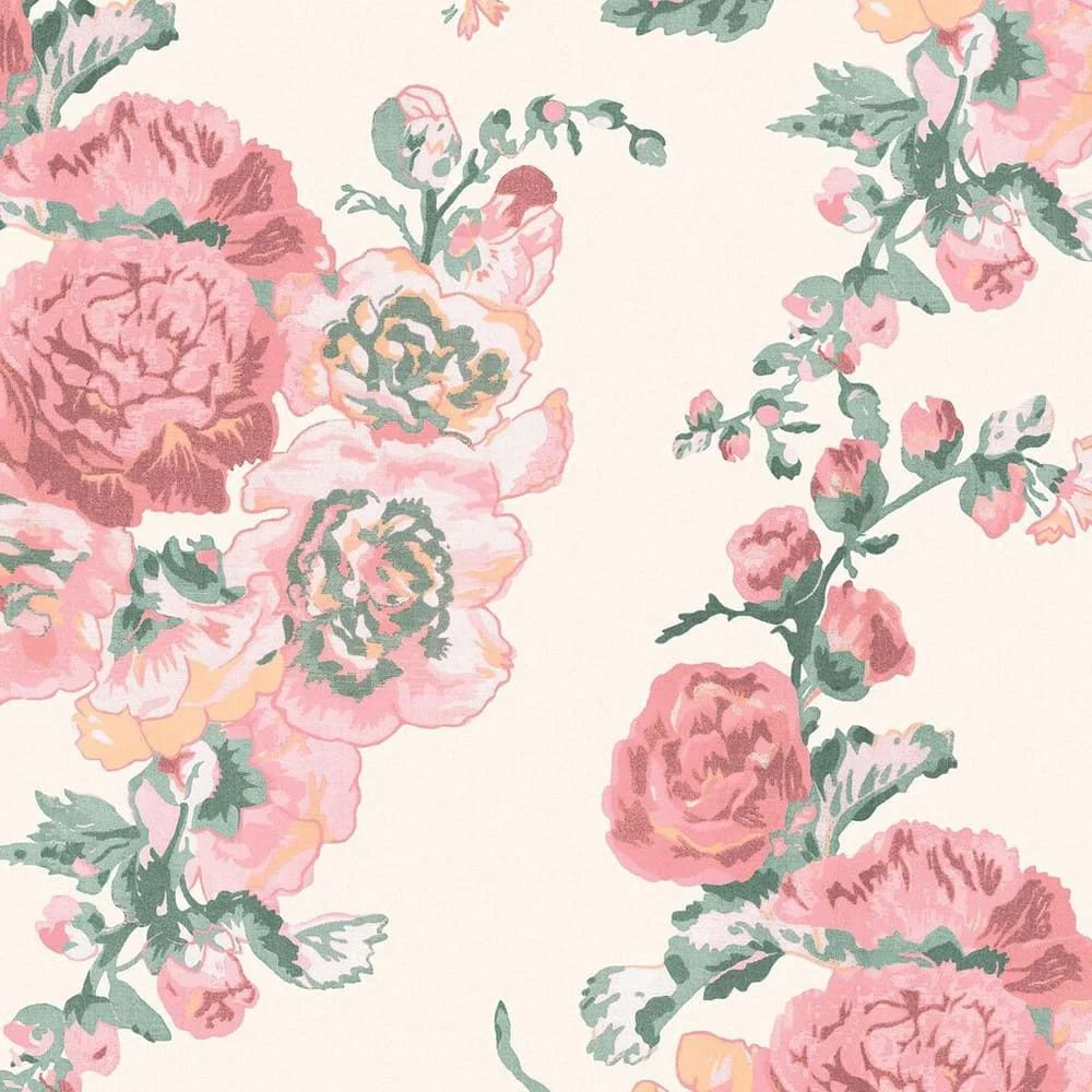 Hollyhocks Coral Pink Country Charm Laura Ashley Wallpaper 118479