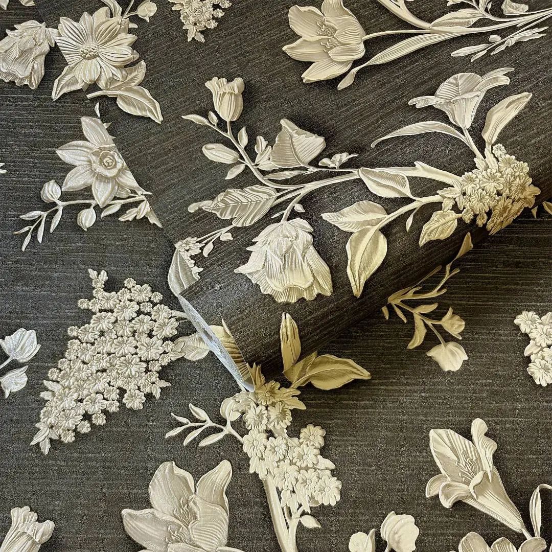 Angelina Floral Black & Gold Vinyl Wallpaper 400914
