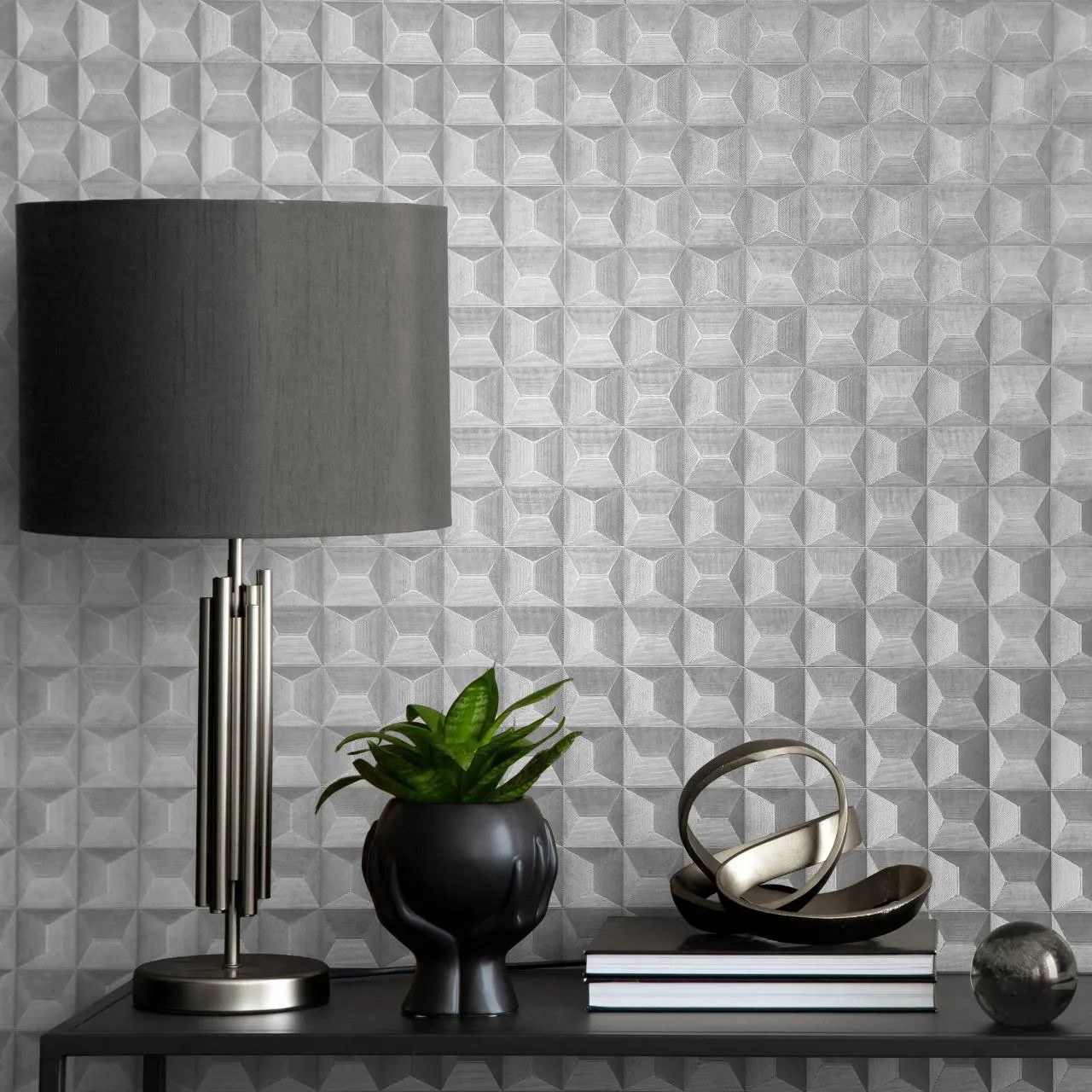 Romero 3D Geo Misty Grey Vinyl Wallpaper M95684