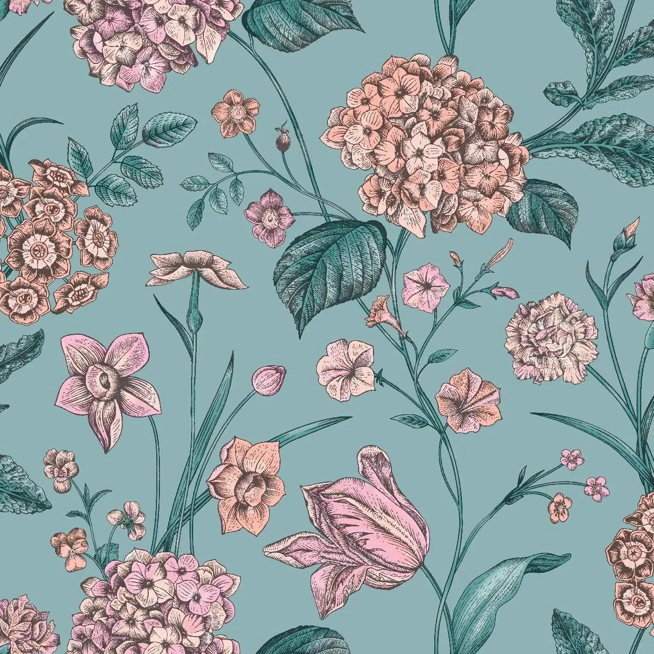 Hydrangea Floral Teal Wallpaper 260155