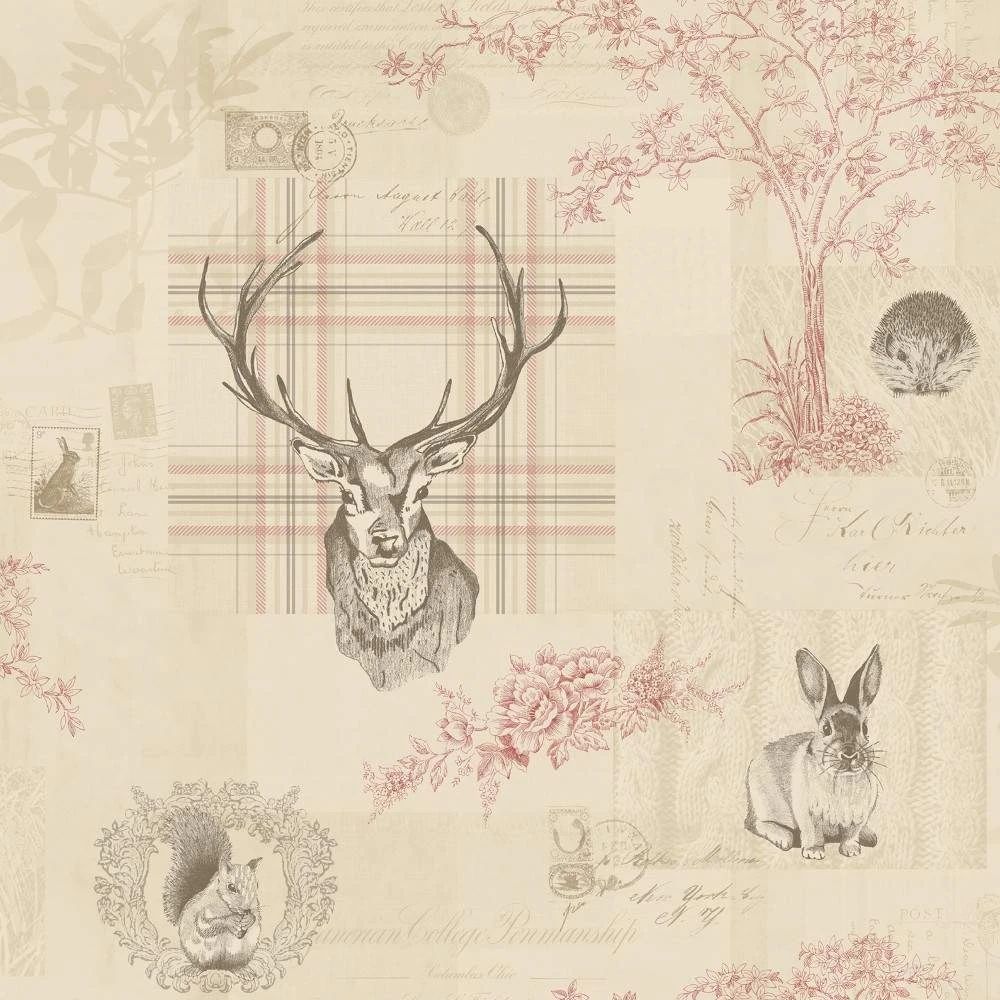 Richmond Highland Stag Cranberry & Linen Wallpaper 98010