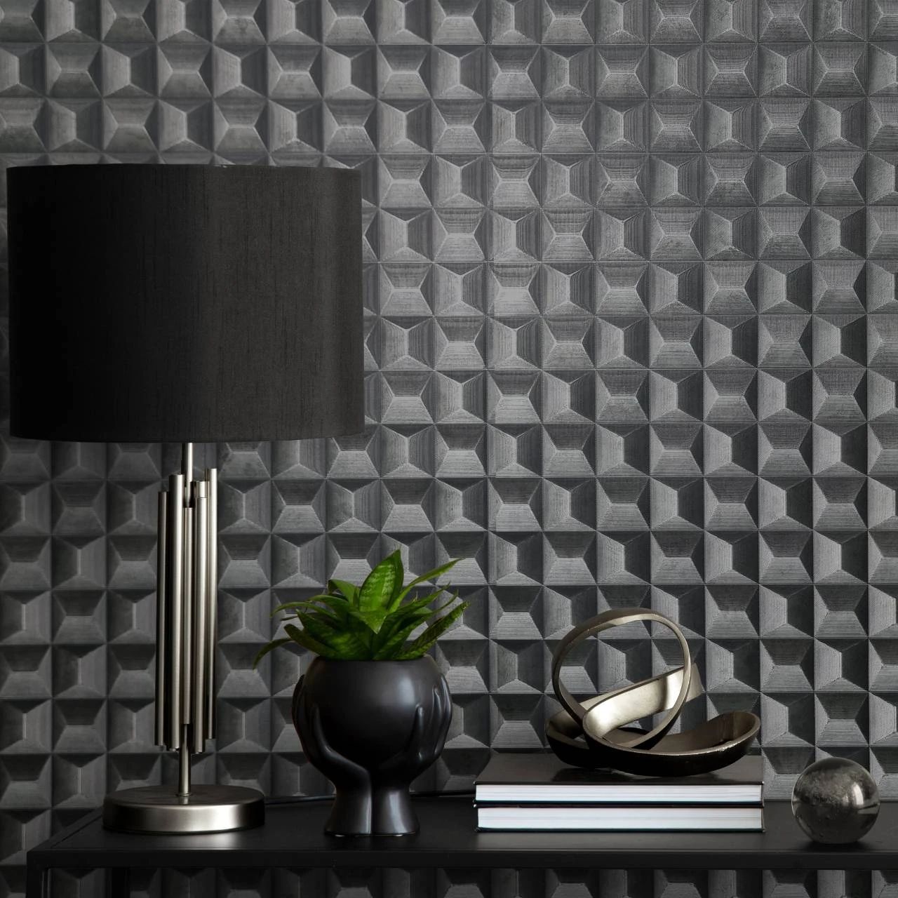 Romero 3D Geo Charcoal Black Vinyl Wallpaper M95682