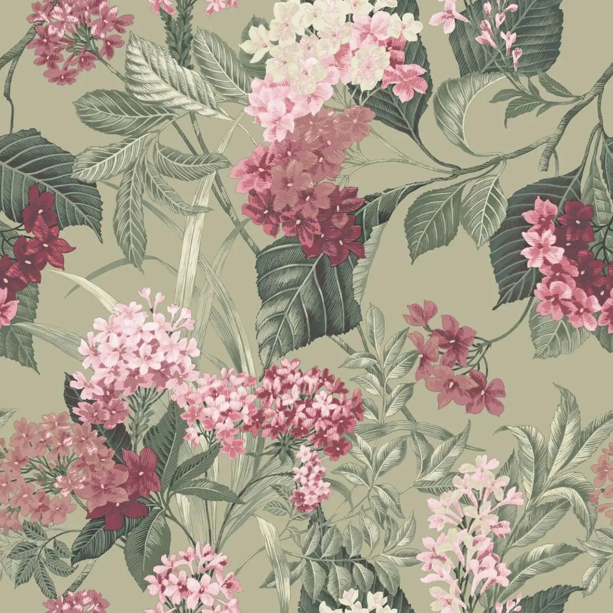 Misaki Japanese Bloom Foral Sage & Pink Wallpaper by Belgravia Decor 2321