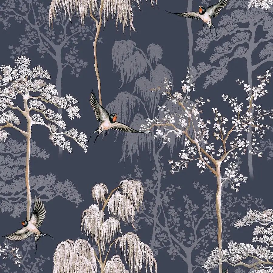 Japanese Garden Blue Birds Wallpaper 908106