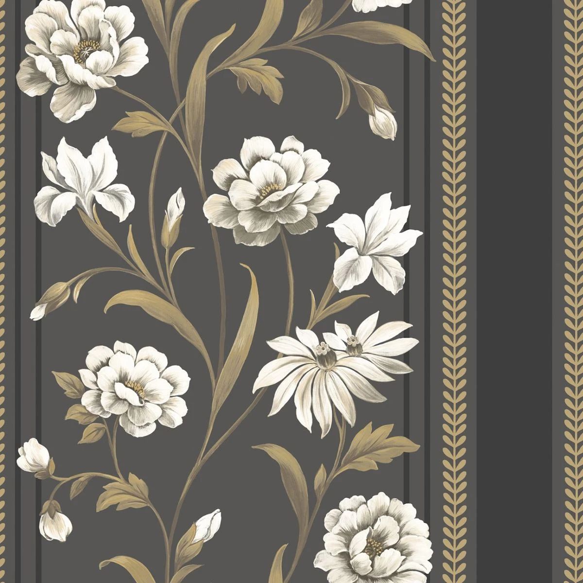 Raya Hand-painted Bridgerton Floral Stripe Black & Gold Wallpaper 759 Raya Hand-painted Bridgerton Floral Stripe Black & Gold Wallpaper 759