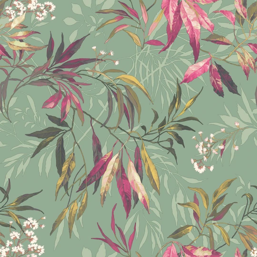 Kanata Japanese Willow leaves Pink & Sage Wallpaper 2341