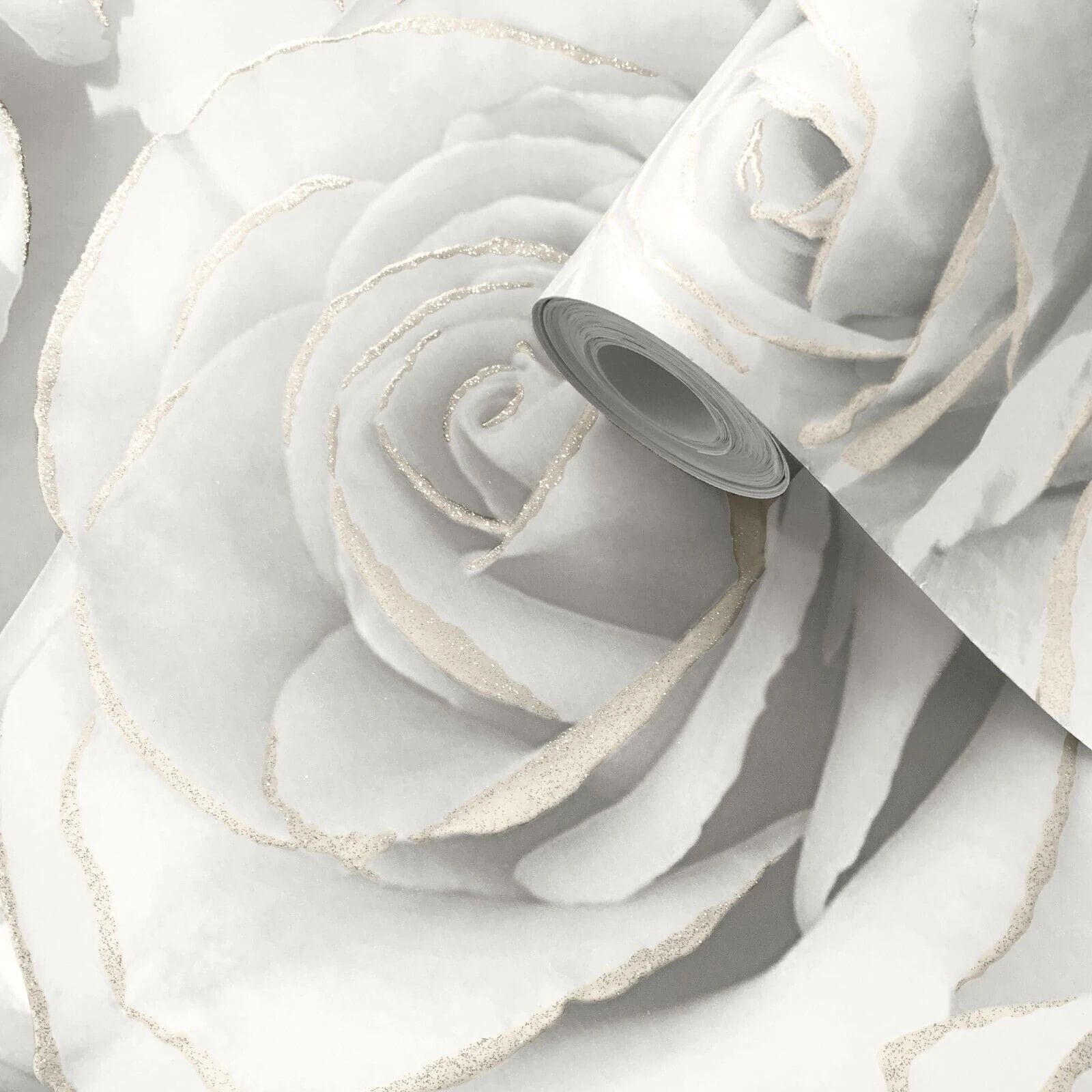 Madison Rose Floral White and Gold Glitter Wallpaper 139525