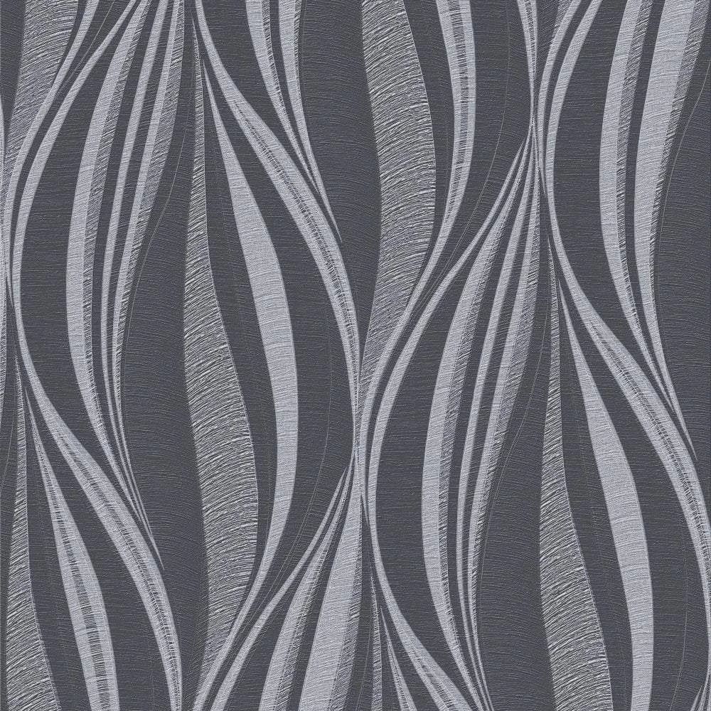 Tango Charcoal & Silver Geometric Wave Glitter Wallpaper by Graham & Brown 101400