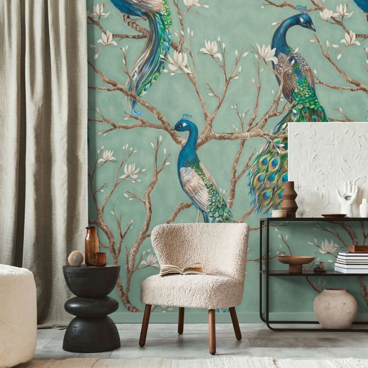 Majestic Peacock & Magnolia Duck Egg Mural Wallpaper by AS Creation 792239