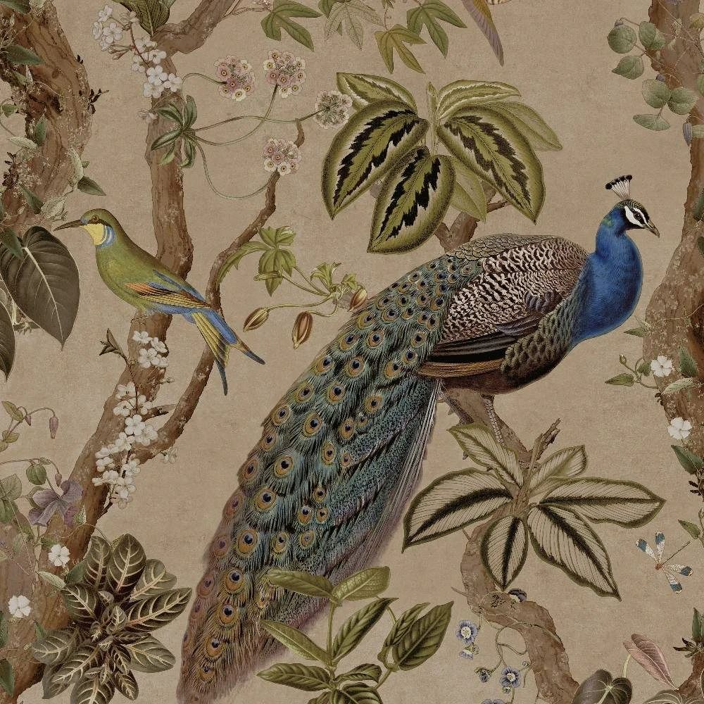 Peacock Woods Taupe Birds Whispering Wilderness Collection Wallpaper 13680