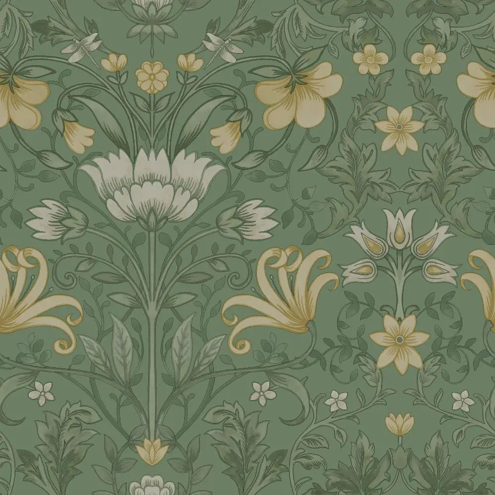 Vintage Floral Green William Morris Style Wallpaper 13550