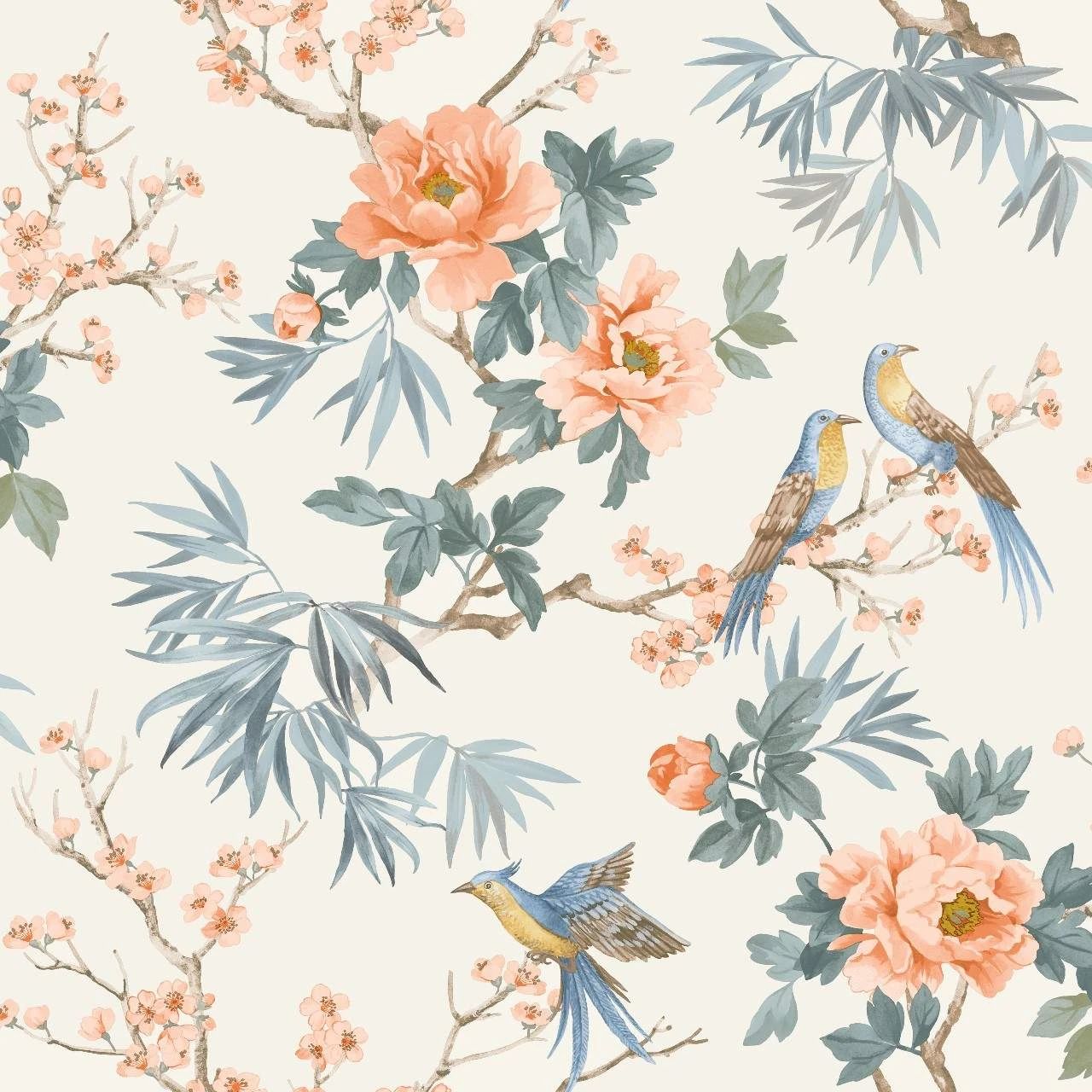 Chinoiserie Cherry Blossom Birds Orange Wallpaper 260561