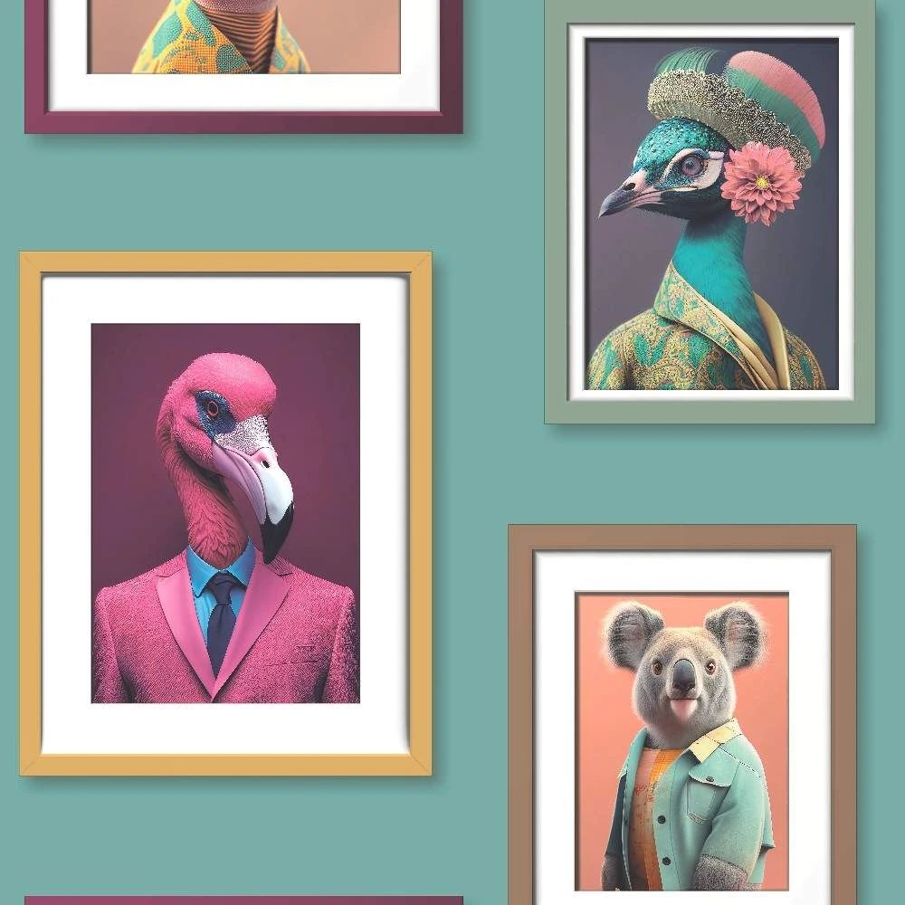 Fantastic Animals In Frames Conversational Teal Multicoloured Wallpaper 102574