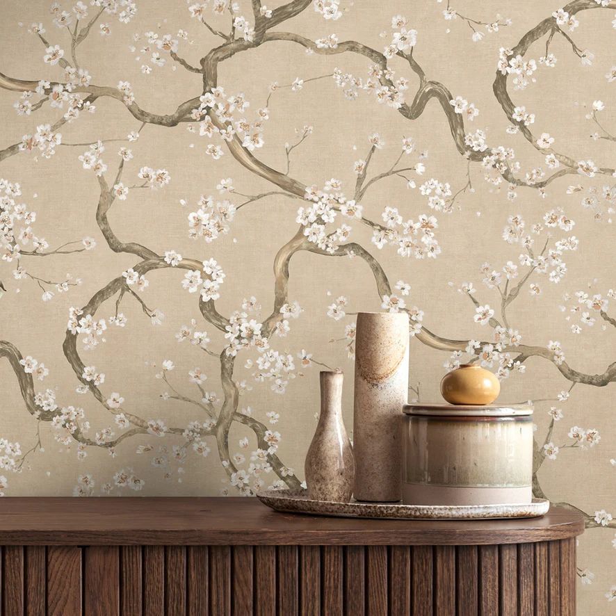 Oriental Cherry Blossom Wallpaper in Sand