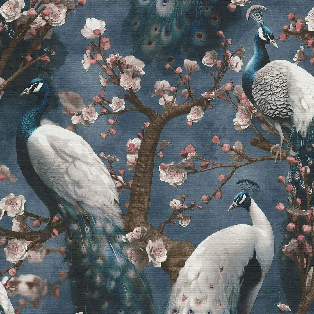 Play of Light Peacocks Navy Blue Vinyl Wallpaper 10414-08