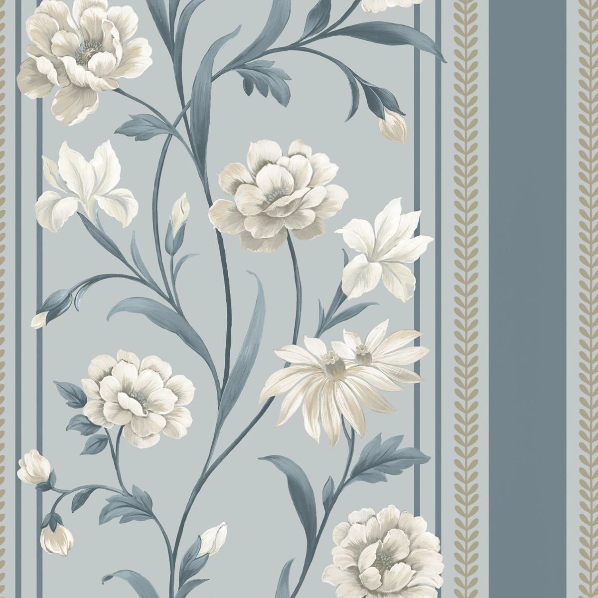 Raya Hand-painted Bridgerton Floral Stripe Blue & Cream Wallpaper 758 Raya Hand-painted Bridgerton Floral Stripe Blue & Cream Wallpaper 758