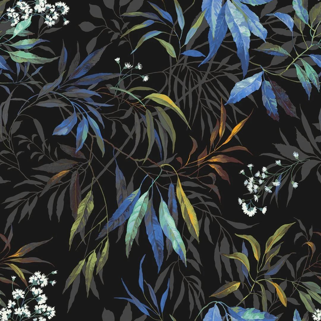 Kanata Japanese Willow leaves Cobalt Blue & Black Wallpaper 2338