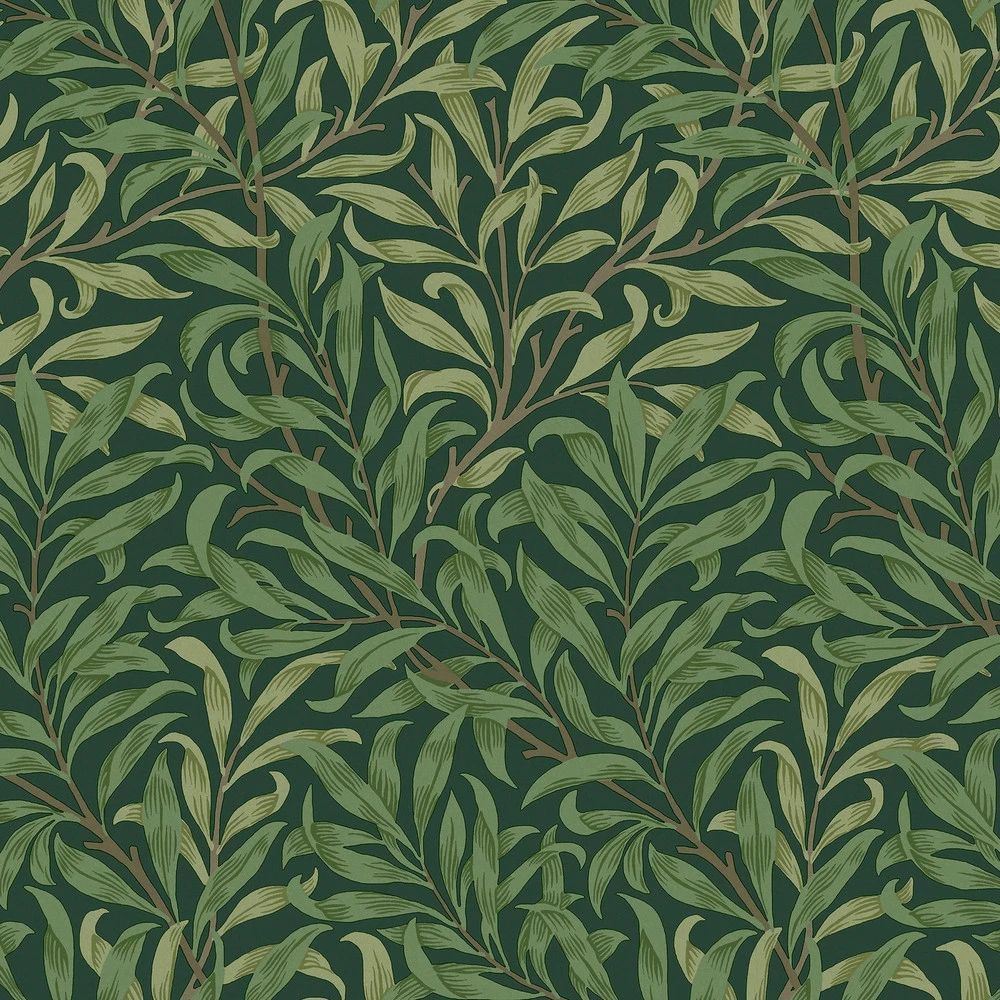 Willow Bough Deep Green Block Printed Diagonal Branch Wallpaper by William Morris 124247