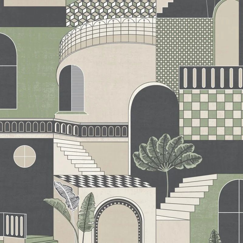 Medina Mediterranean Green Conversational Wallpaper 13100