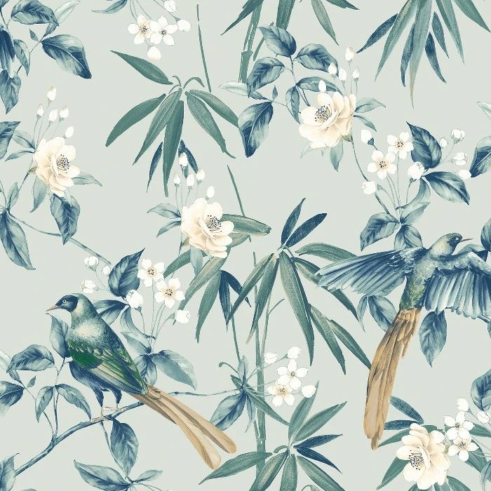 Oriental Floral Birds Grey & Blue Wallpaper 924500