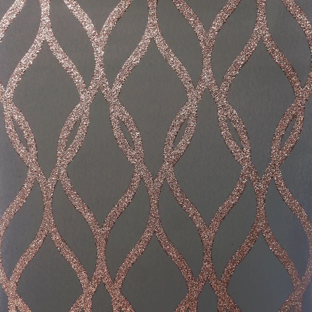 Sequin Trellis Charcoal & Rose Gold Glitter Wallpaper 921803