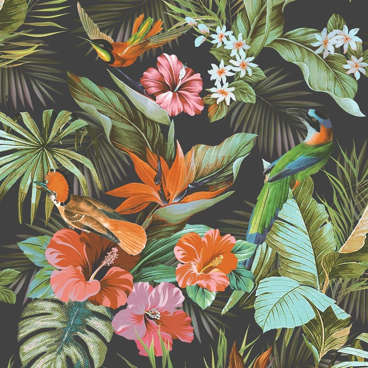 Paradise Birds Embossed Textured Heavyweight Vinyl Wallpaper Black & Multicoloured 539059