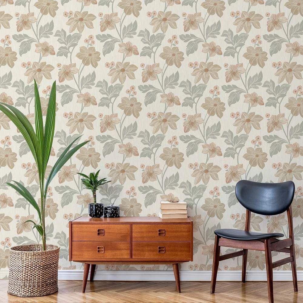 Clematis Trail Sage Brown Floral Wallpaper A73003